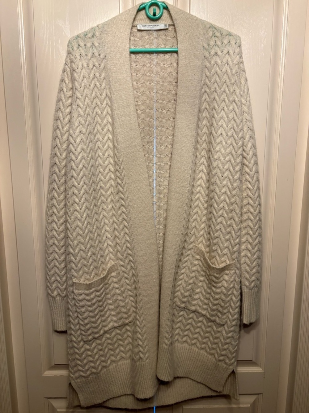 Simons Cream Open-Front Chevron Knit Cardigan